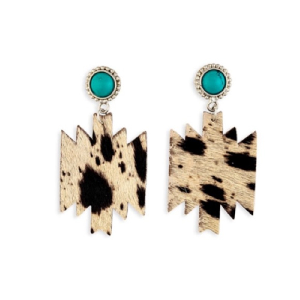 NWT MYRA BAG “Tribal Spirit” Hair On Hide Leather Earrings w/Stone. 2 3/4” Drop.